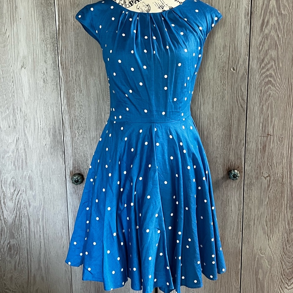 Boden Blue and Polka Dot Fit and Flare Dress Size 2P.